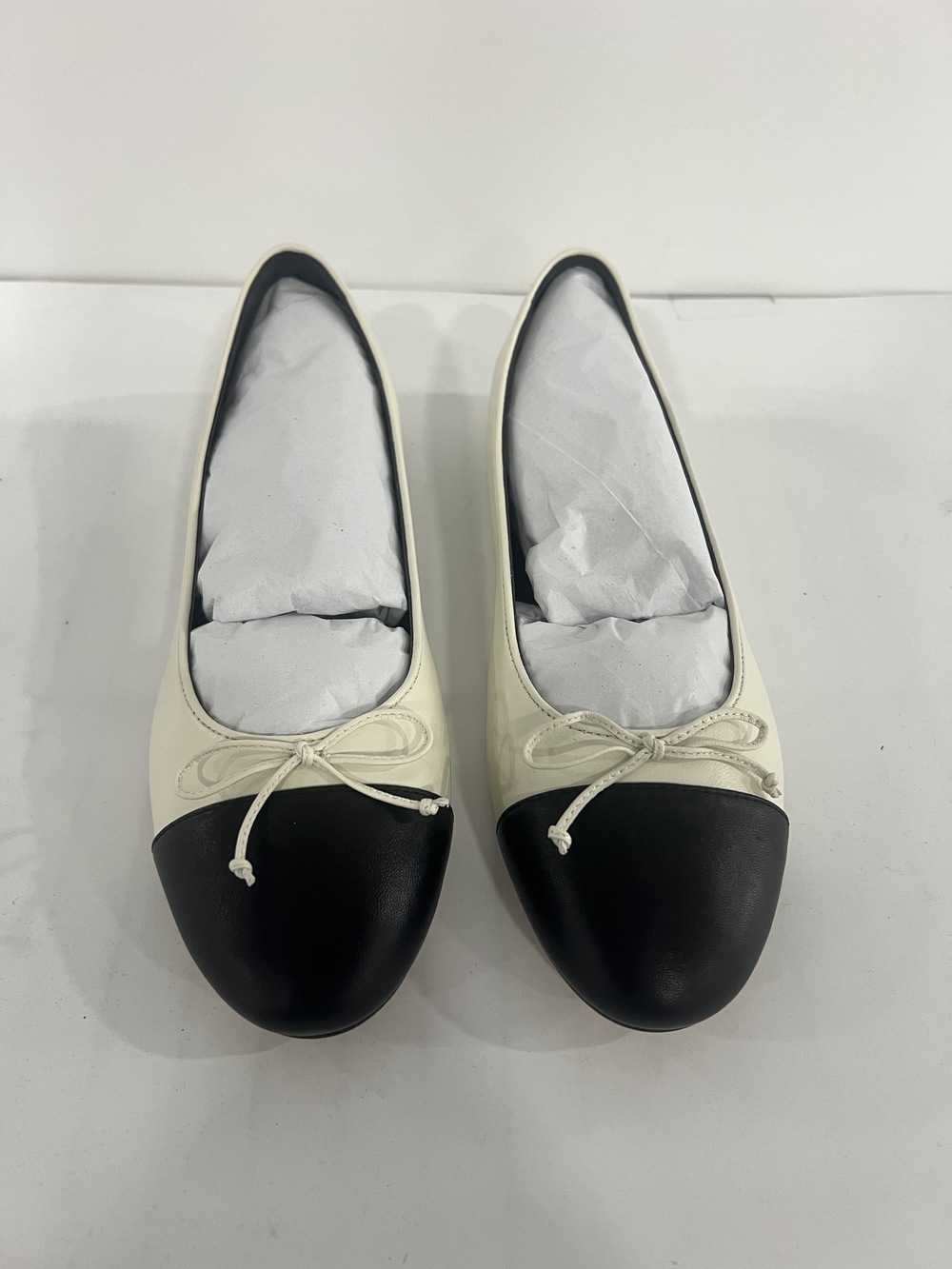 Italian Leather Cap-Toe Ballet Flat - Bone/Black - Picture 2 of 4